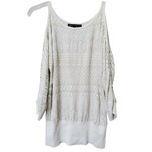 WHBM Beige Gold Metallic Cold Shoulder Banded Waist Sweater Size Medium
